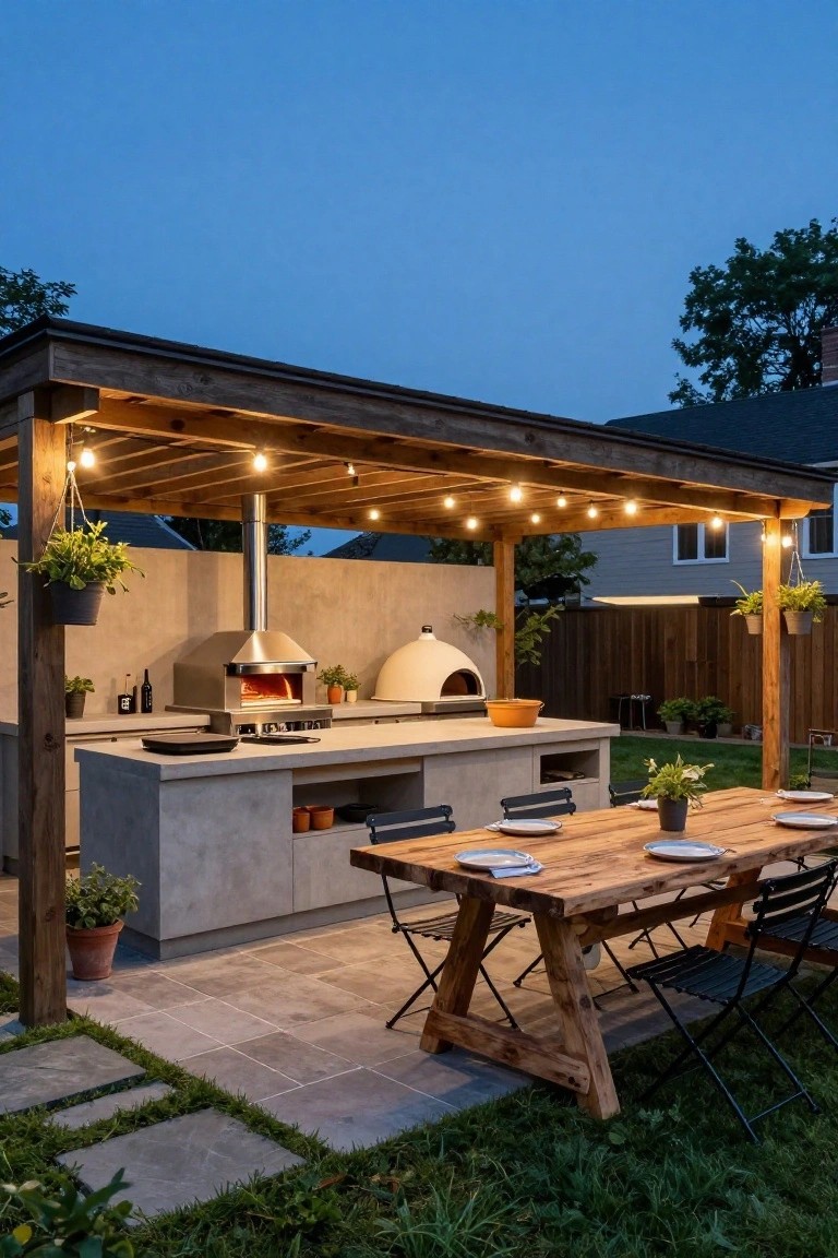 Backyard outdoor kitchen under a wooden pergola strung with lights, featuring a stainless steel pizza oven with chimney on concrete counters, a white dome oven nearby, wooden dining table with chairs on tiled patio, plants, and grass.