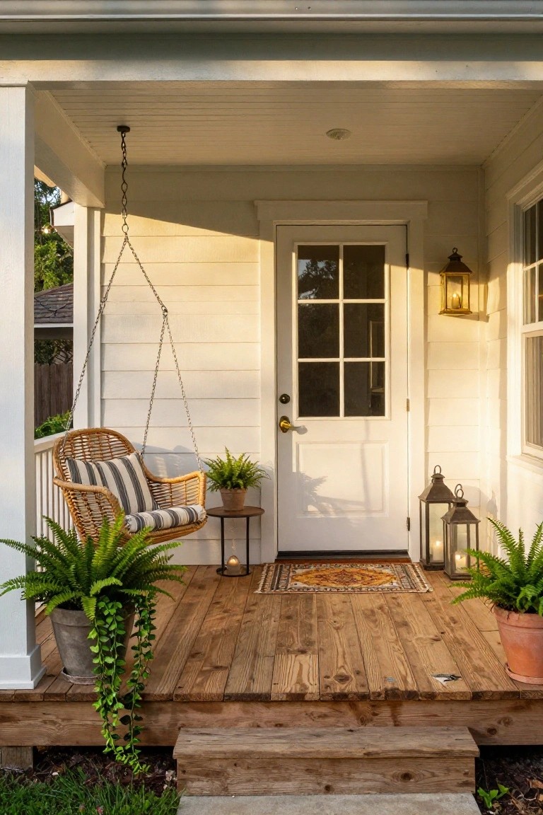 Front porch of a light-colored house with white door, hanging rattan swing with cushions, potted ferns, lanterns, small table, and patterned rug on wooden deck.