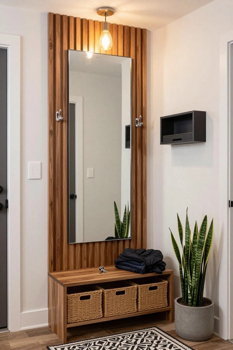Tall wooden slat accent wall in an entryway with full-length mirror, wooden bench holding wicker baskets and keys, coat hooks, snake plant in gray pot, and black and white rug on wood floor.