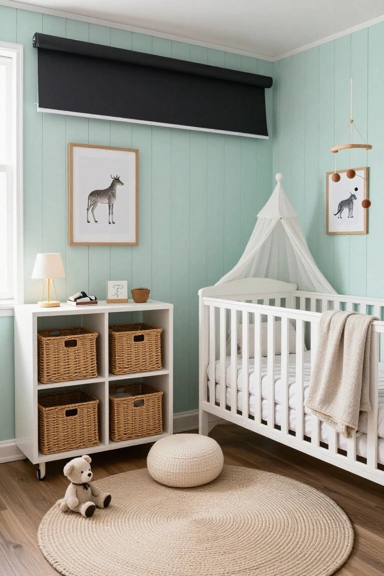 Nursery room featuring light mint green shiplap walls, a white crib with sheer canopy and beige blanket, white shelving unit with wicker baskets, round beige rug, teddy bear, and animal artwork.