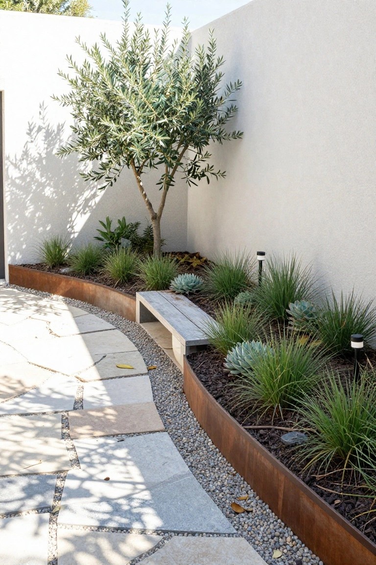 Curved corten steel garden bed edged against a white stucco wall, planted with ornamental grasses, agaves, and succulents, including an olive tree and integrated wooden bench beside a flagstone path with pebble fill.