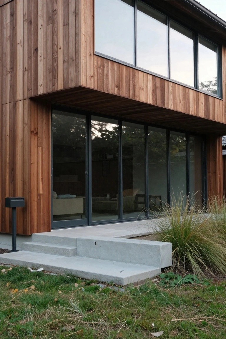 Modern two-story house exterior featuring vertical cedar wood cladding, large black-framed sliding glass doors and windows, an overhanging roof, concrete terrace steps, and clumps of ornamental grasses with ground cover plants in front.