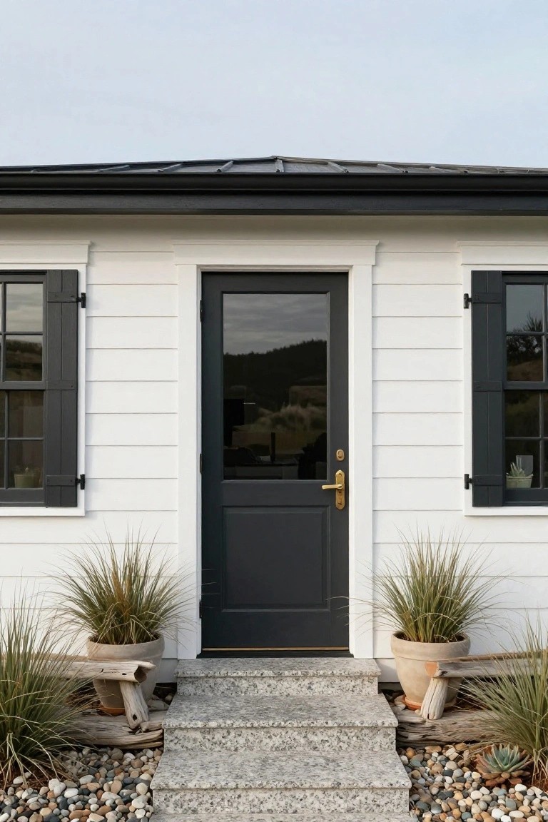 Front view of a small white shiplap-sided cottage with black metal roof, central black glass-paneled door with gold handle, black shutters on flanking windows, stone steps, potted grasses, and gravel ground cover.