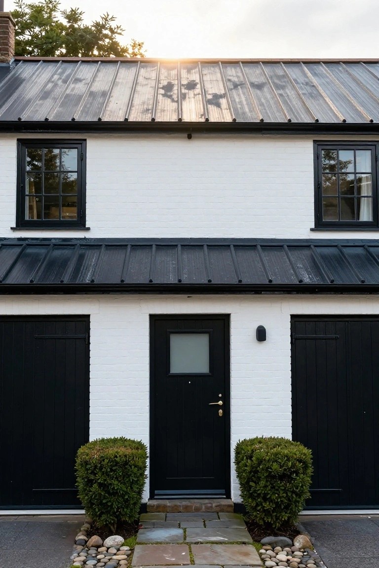 White brick two-story cottage with black standing-seam metal roof, black-framed windows, black front door between two black garage doors, flanked by boxwood shrubs, stone pathway, and gravel edging.