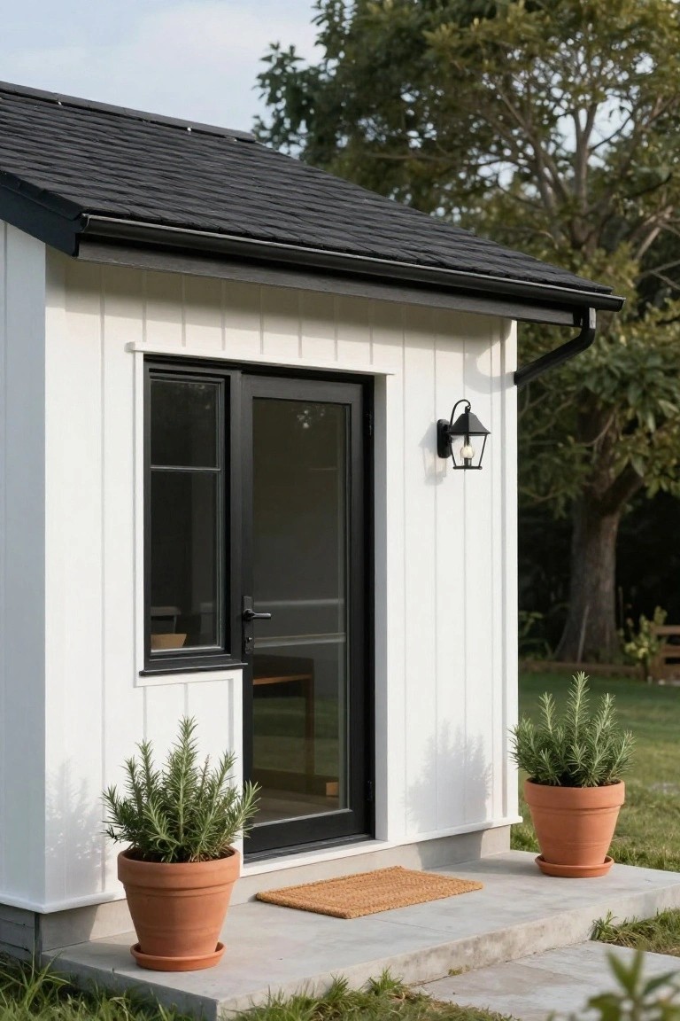 Side view of a small white vertical board-and-batten cottage structure with black metal roof, black-framed glass entry door and sidelight window, wall lantern, flanked by two terracotta pots of rosemary plants on a concrete step with seagrass welcome mat.