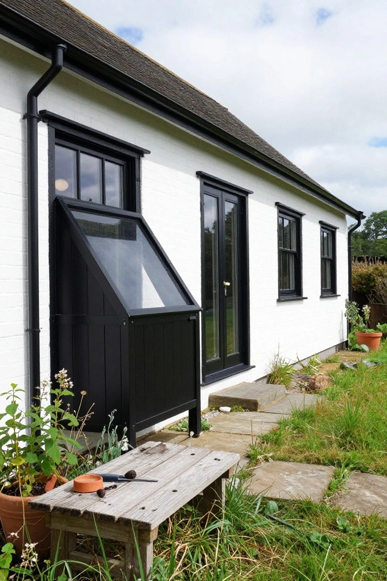 Side view of a white cottage exterior with black-framed multipane windows, black French doors, a black triangular glazed enclosure, black downpipe, stone path, wooden bench, plants, and terracotta pots in the garden.