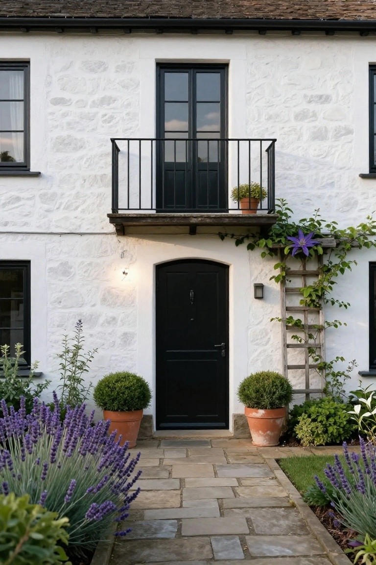 White stone cottage exterior featuring black-framed windows, a black arched front door, small black-framed balcony above, wooden trellis with climbing vines and purple flower, potted topiary plants, and lavender bordering a stone pathway.