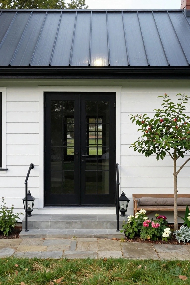 White clapboard cottage exterior with black metal roof, black double French doors with window grids, black metal lanterns on railings, gray stone entry steps, wooden bench with cushion, small tree with red fruit, flowers in bed, and paver path on lawn.