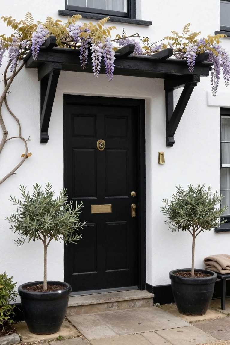 White stucco cottage exterior featuring a black panel front door with gold knocker and letterbox under a black wooden pergola covered in purple wisteria, flanked by two large black pots containing olive trees on a stone path.