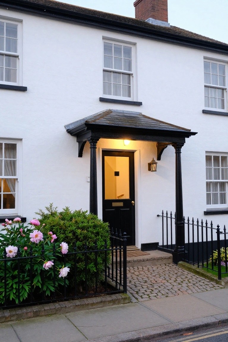 White cottage exterior featuring a black wooden porch with columns and canopy over the front door, black fence, pink peony bushes, and set against a paved path and street.