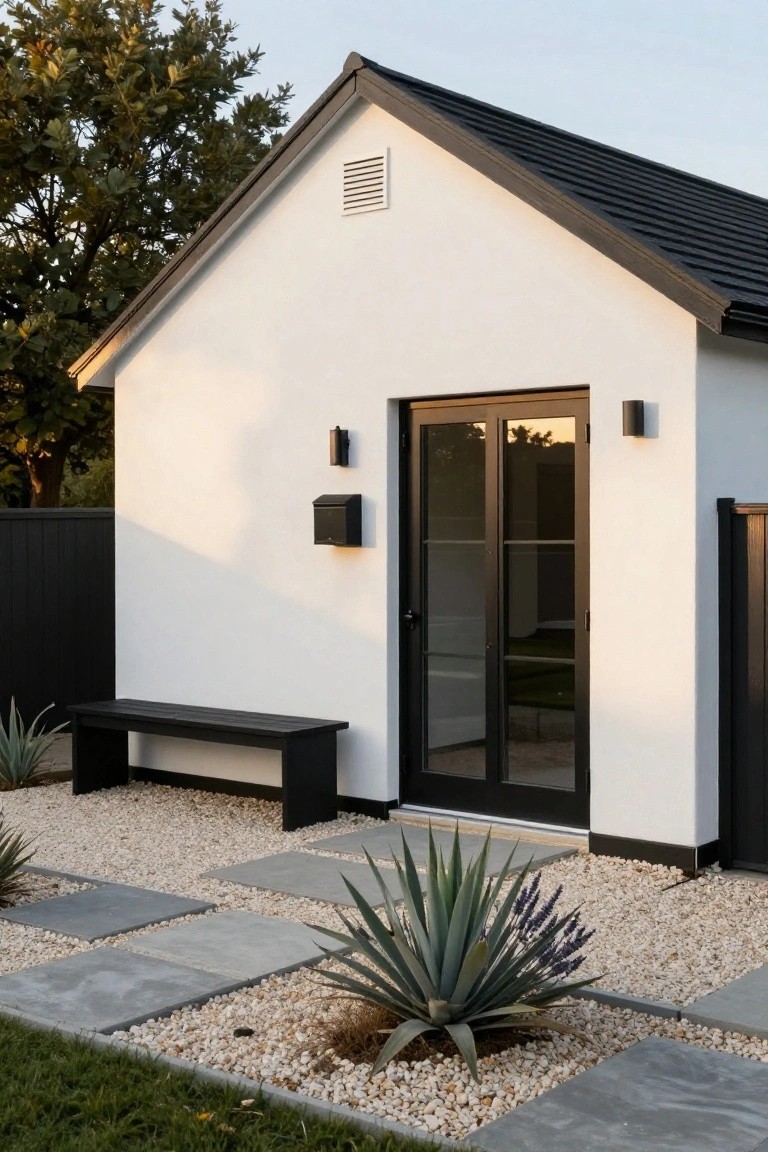 White cottage building with black roof, black sliding glass doors, black wall lights and mailbox, black bench, gravel ground cover, agave plants, and concrete pavers in front of a black fence.