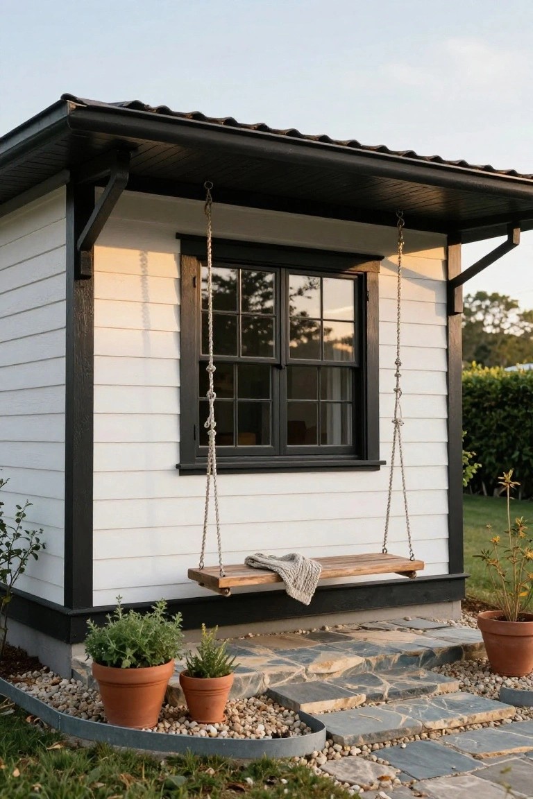 Small white shiplap cottage with black metal roof, black-framed window, wooden porch swing on ropes with a blanket, stone steps, potted plants, and gravel edging in a garden.