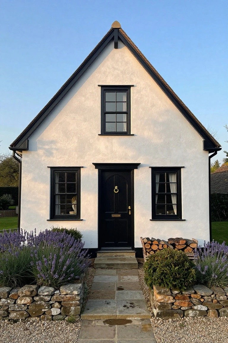 White-rendered gabled cottage with black window frames, black front door, and black trim on roof edges, flanked by lavender bushes, firewood stack, and stone pathway.