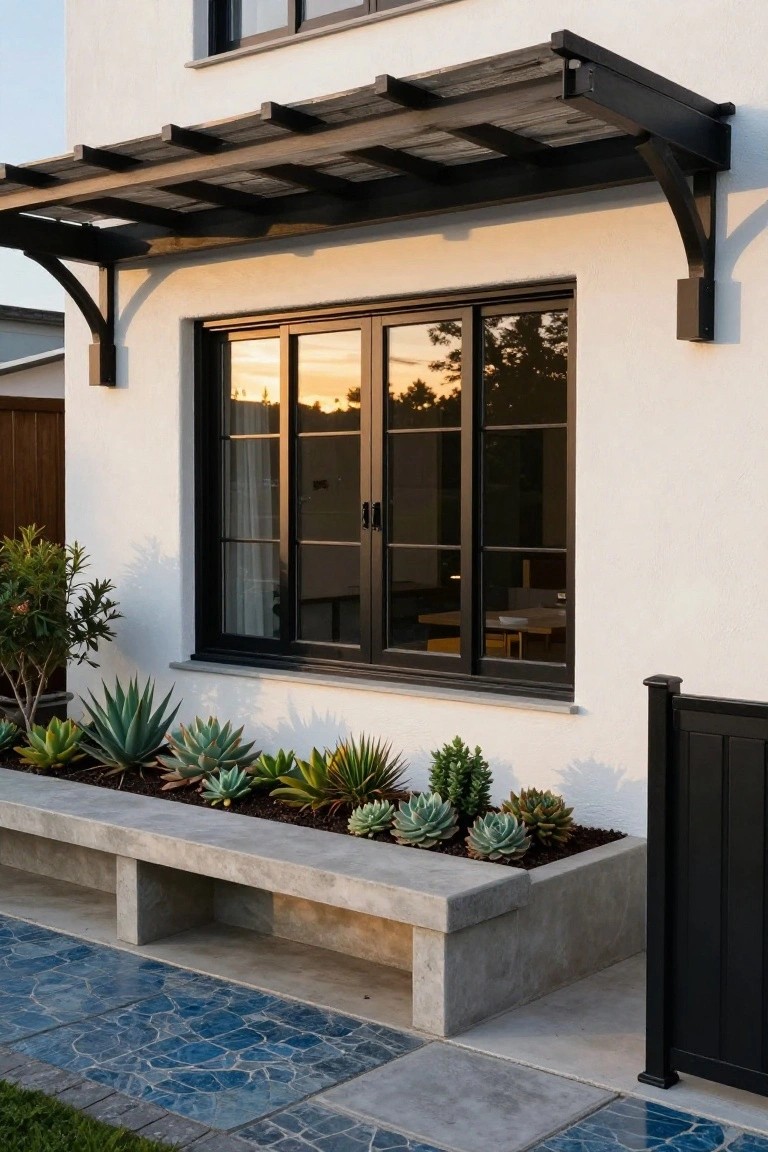 White stucco house wall with black-framed sliding glass windows, black metal pergola awning above, concrete bench planter with succulents below, blue mosaic tile path, and black wood fence beside.
