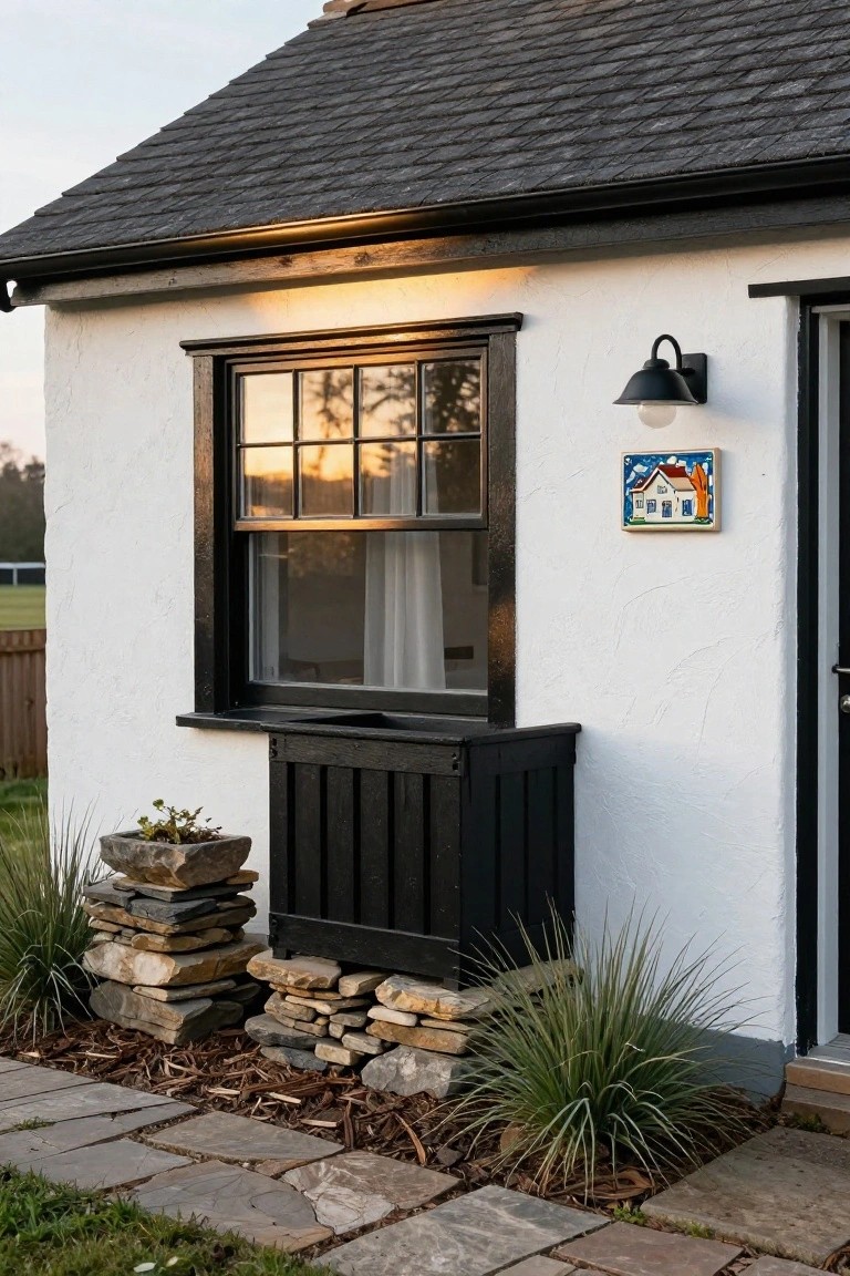 White rendered cottage wall featuring black-framed multi-pane window with sheer curtains, black wooden sill box below, black wall lantern with bulb, small blue and white house tile artwork, black front door, potted plant and grasses with stacked rocks at base, and stone path.