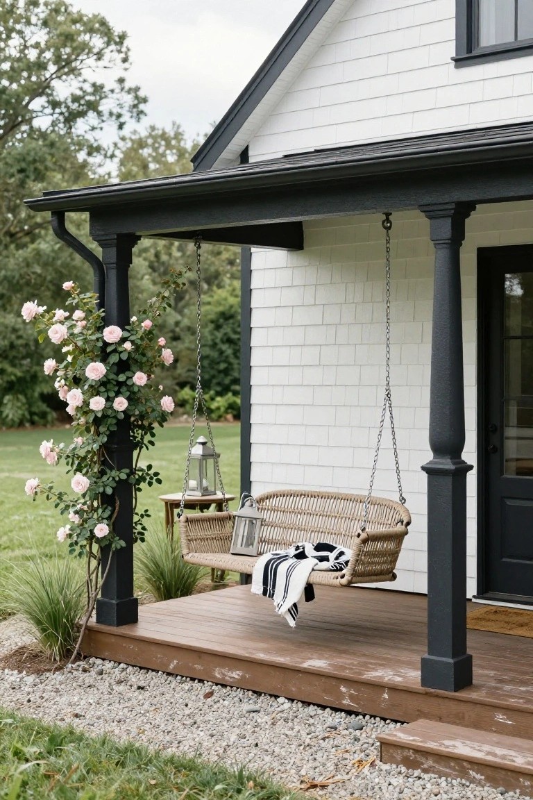 Wicker porch swing with lanterns on a dark wood deck.