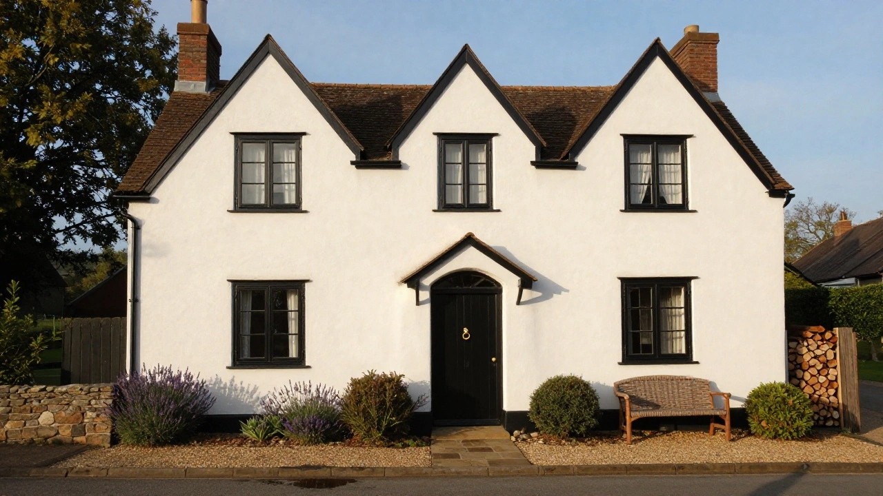 White-rendered gabled cottage with black window frames, black front door, and black trim on roof edges, flanked by lavender bushes, firewood stack, and stone pathway.