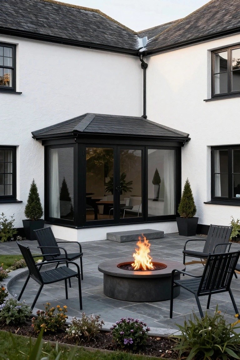 White cottage with black window frames and a black-framed glass extension, featuring a slate-paved curved patio with a central round concrete fire pit containing flames, surrounded by black metal chairs, potted conifers, and flower beds.