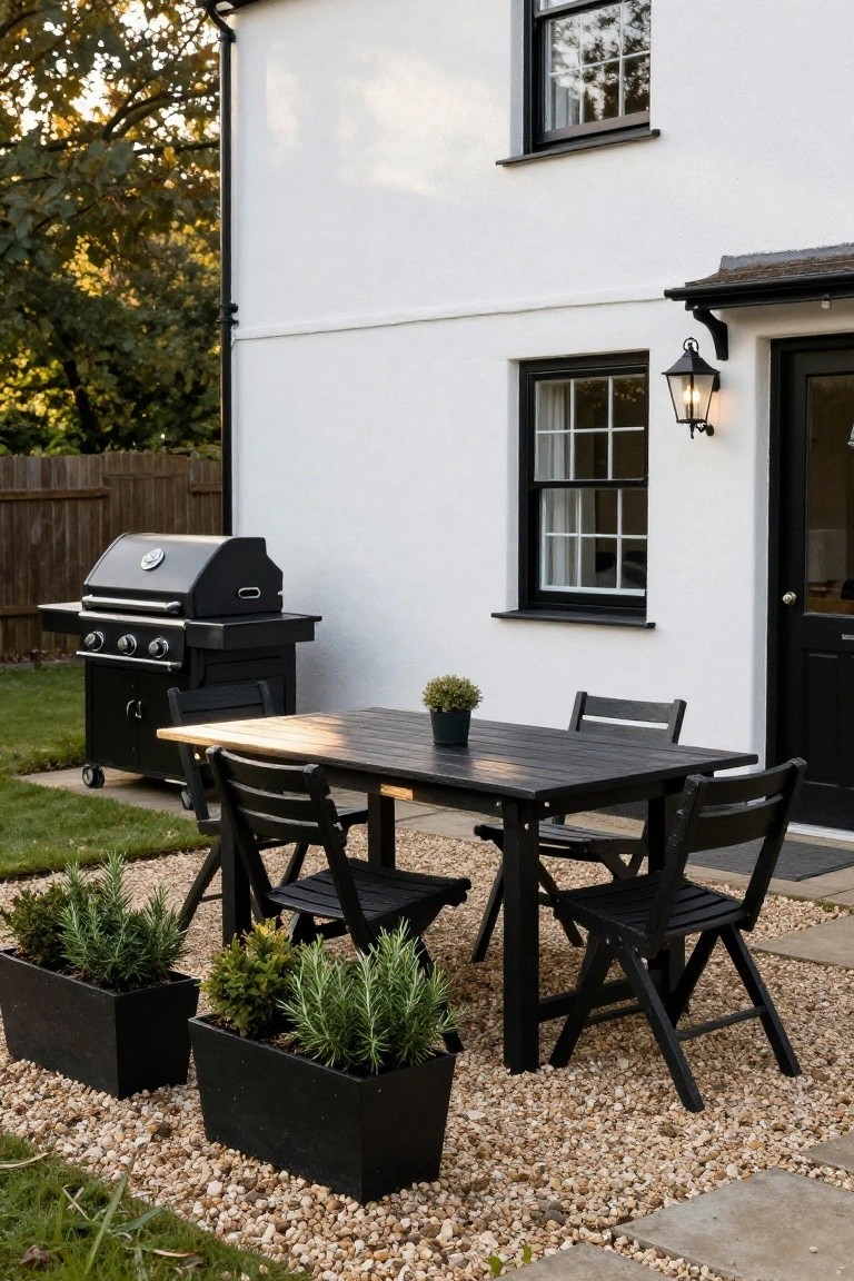 White exterior wall of a cottage with black-framed sash windows and black door, beside a gravel patio holding a black rectangular wood dining table with four black wood chairs, a black gas barbecue grill, a potted plant on the table, and two black planters with herbs.