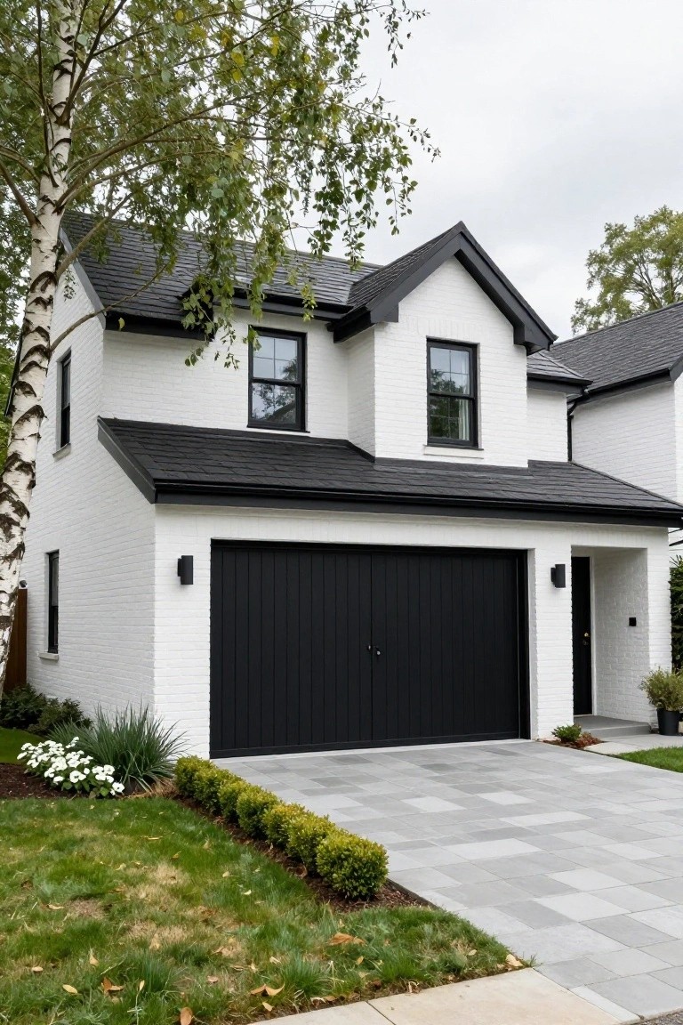 A two-story white brick house with black shingled roof, black double garage doors, black-framed windows, paved driveway, and low landscaping including boxwood shrubs and a birch tree.