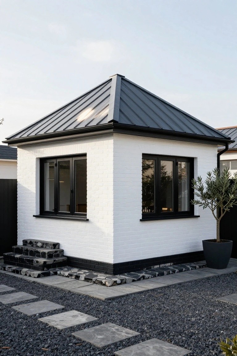 Small square white brick outbuilding with black pyramidal metal roof, black-framed triple window, black-trimmed concrete steps, olive tree in black pot, and gravel path with stone pavers.