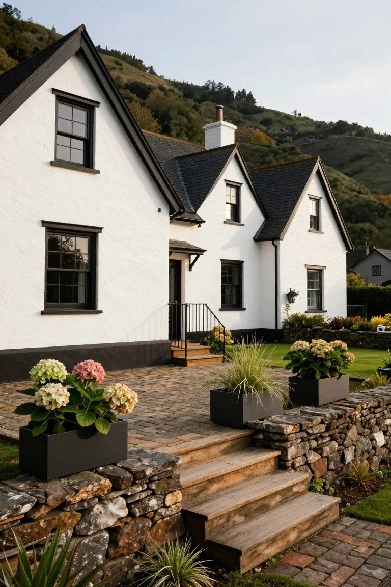 A white cottage with black window frames, steep black roofs, and dark trim, featuring wooden entry steps with black planters of hydrangeas on a stone wall, set against a green hillside.