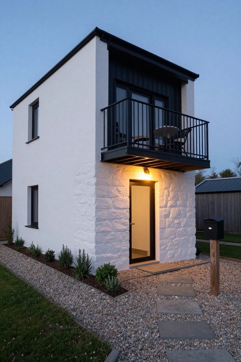 A compact two-story white house with rough stone detailing on the lower walls around the front door, black vertical cladding and balcony on the upper level, gravel path edged with plants, and a lit wall sconce.