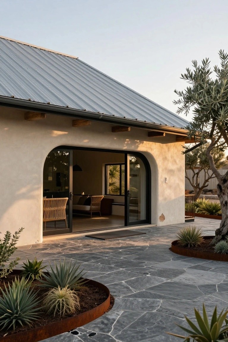 Beige stucco house exterior with standing seam metal roof, large curved arch framing black-framed glass slider doors, gray flagstone patio edged with raised beds of agave plants, olive tree at side.