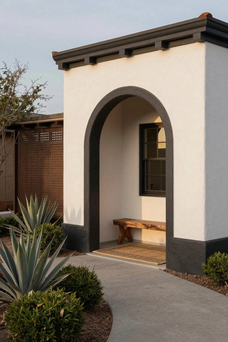 White stucco exterior wall with black-trimmed arched doorway containing a window, wooden bench on the threshold, agave plants and shrubs nearby, concrete pathway leading up in a desert garden setting.