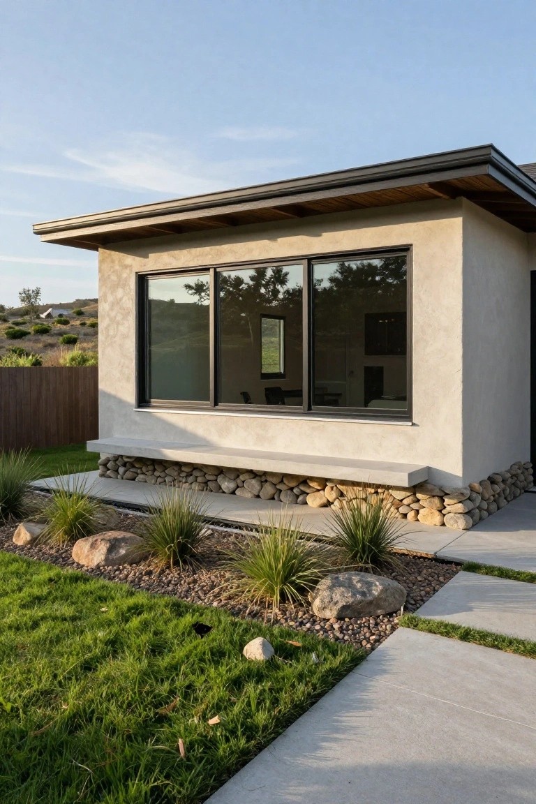 Side exterior view of a beige stucco house with black-framed sliding windows, a concrete bench at the base backed by stacked river rocks, adjacent to a grass lawn, gravel path, and desert plants.
