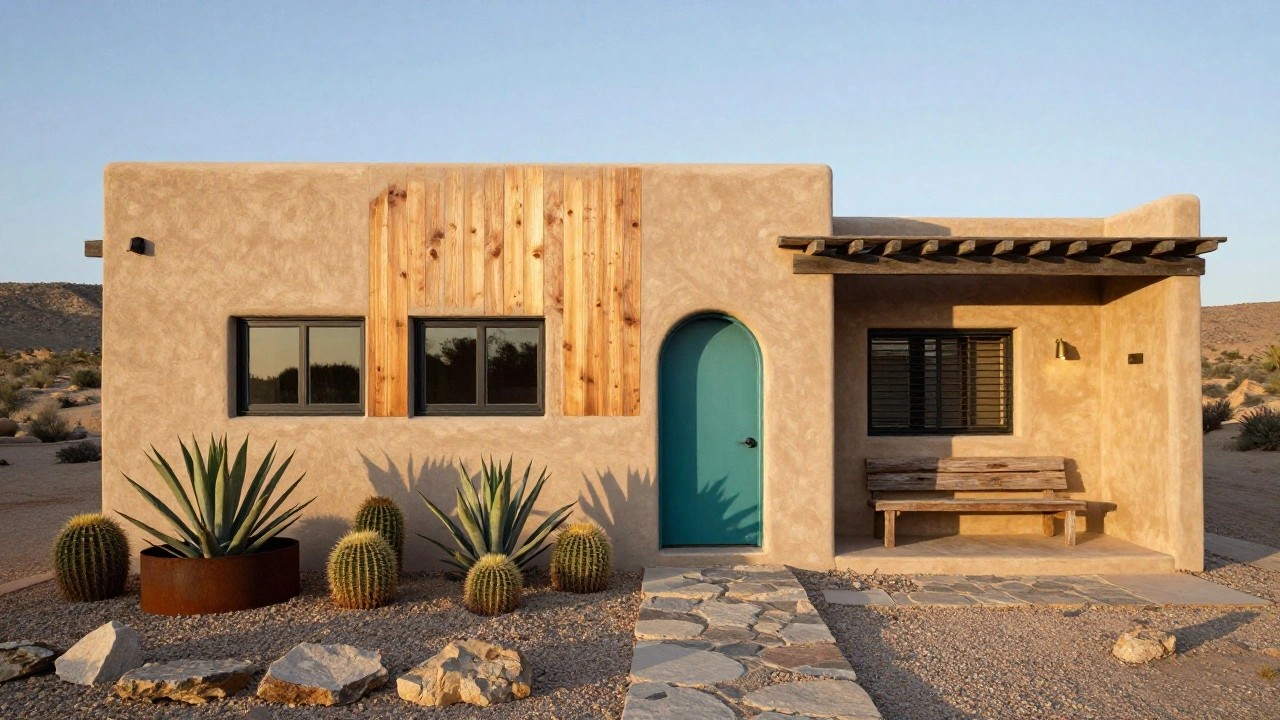 Tan adobe cottage exterior with turquoise arched front door, wooden vigas and porch, bench, agave plants, metal pot, and stone pathway in desert gravel landscape at dusk.