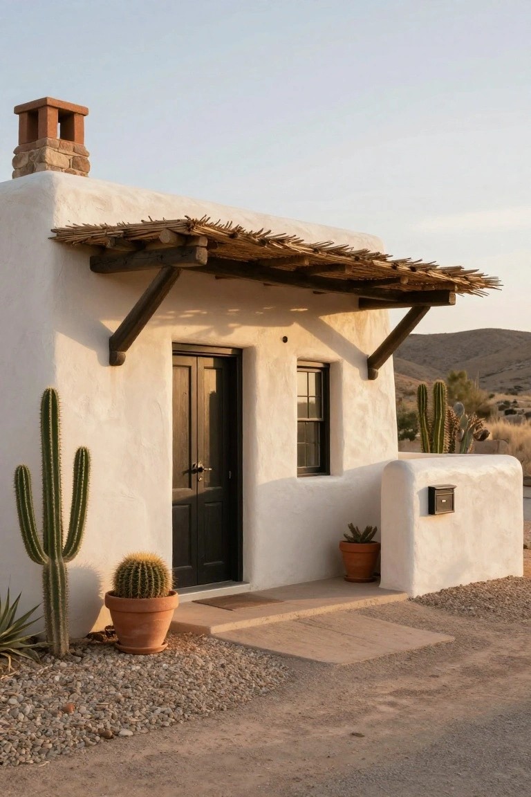 White stucco desert cottage with black double door, small paned window, thatched ramada porch on wooden beams, potted cacti plants beside gravel entry path, and distant mountains at sunset.