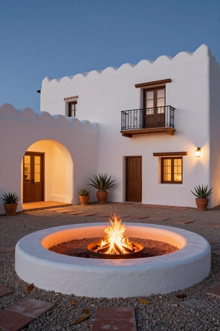 White stucco house featuring scalloped parapet roofline, wood doors, arched entryway, balcony, potted agave plants, and circular stone fire pit in gravel courtyard at dusk.