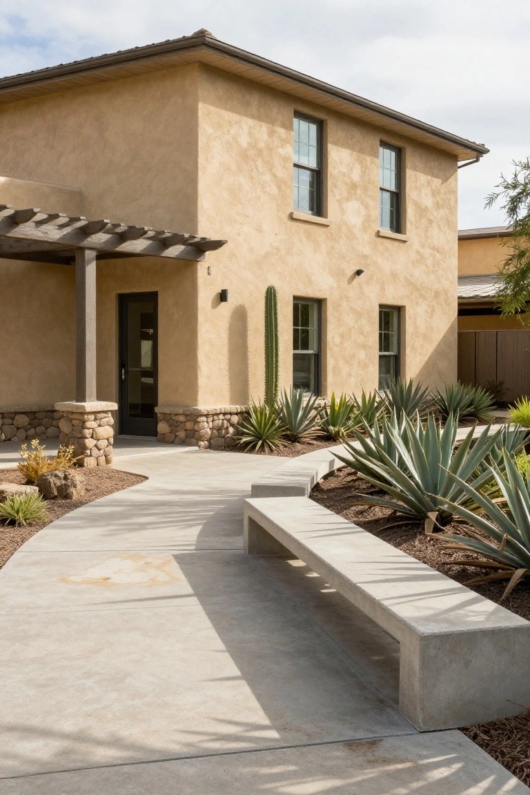 Beige stucco house exterior featuring a wooden pergola over the front door, stone base accents, agave plants, and a concrete bench along a paved walkway.