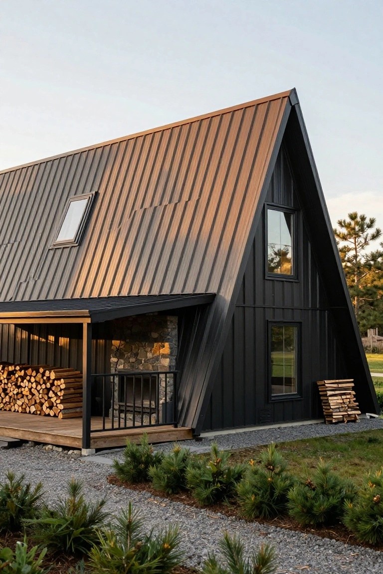 Black A-frame cabin with corrugated metal roof and siding, wooden porch with stone chimney and firewood stacks, gravel path edged by small pine shrubs, set in grassy area near trees.