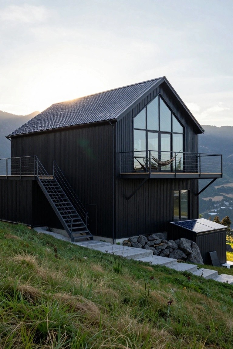 Black metal-clad cabin with pitched roof, large triangular window, balcony with hammock, metal staircase, rock pile, and solar panels on a grassy hillside overlooking mountains and valley at sunset.