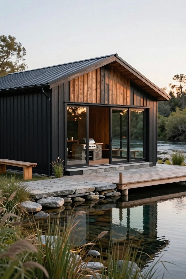 Black metal-sided cabin with wooden gable accents and trim, large sliding glass doors opening to a wooden deck and dock over a pond edged with rocks and grasses, surrounded by trees and plants at dusk.