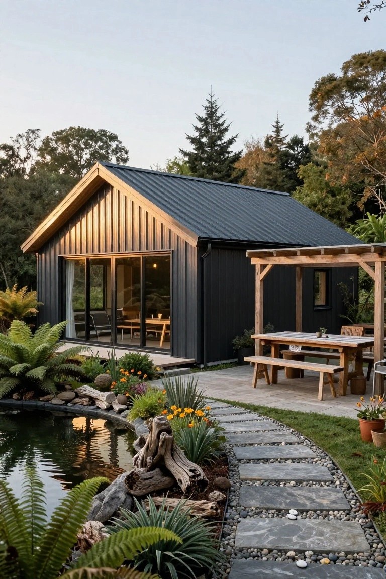 Black metal-clad cabin with pitched roof and large sliding glass doors on a wooden deck, next to a pergola-covered outdoor dining area, koi pond with rocks and plants, stone path, and surrounding trees.