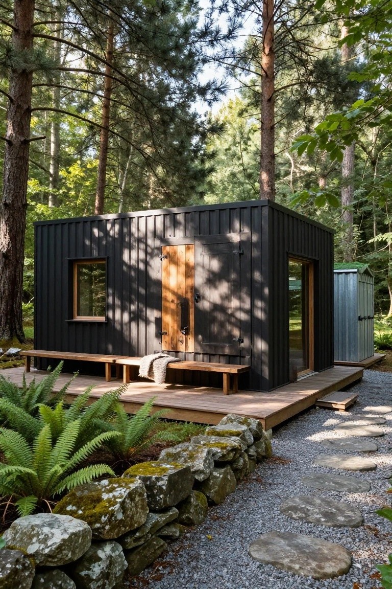 Small black corrugated metal cabin with wooden door, window, and bench on a deck, surrounded by pine forest, ferns, mossy stone wall, and gravel path with stepping stones.