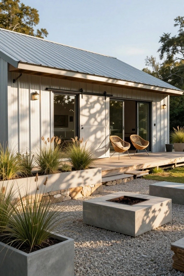 White vertical board-and-batten siding cabin with gray corrugated metal roof, large sliding glass doors on a wooden deck with two rattan chairs, gravel yard featuring concrete fire pit and planters with grasses, stone retaining wall, and surrounding trees.