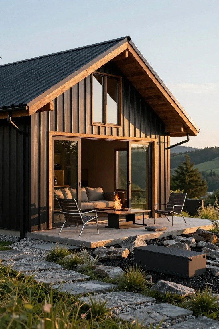 Black corrugated metal-clad cabin with wooden roof edges and trim, large open sliding glass doors to a deck with gray sofa, chairs, fire table, stone paths, grasses, rocks, and view of green hills.