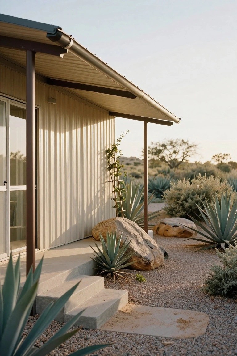 Side view of a light beige corrugated metal cabin with overhanging roof, glass entry door and windows, concrete steps, large boulders, agave plants, and gravel landscaping in a desert setting at sunset.
