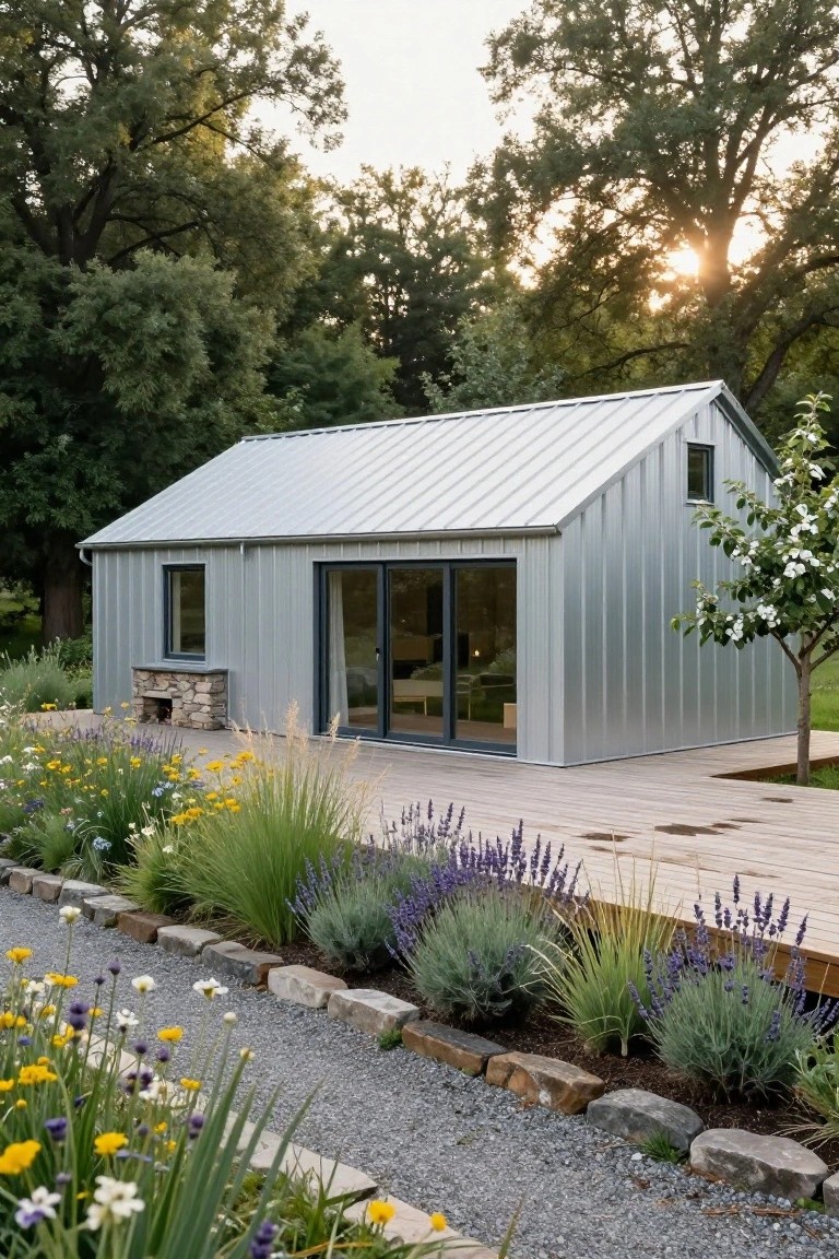 Small gabled cabin with gray corrugated metal siding and roof, gray sliding glass doors, stone outdoor fireplace base, wooden deck, gravel path edged with stone, lavender and grasses in front, trees and sunset behind.