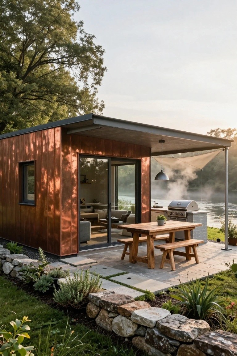 Copper metal-clad cabin with sliding glass doors opening to a covered patio that includes a wooden dining table with benches and a gas grill, set against a stone patio edge, garden plants, and a river in the background.
