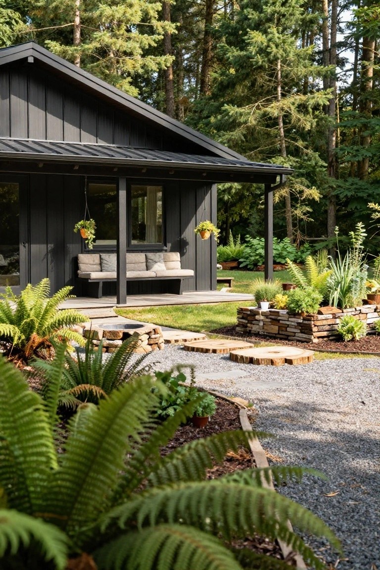 Black vertical board-and-batten cabin with metal roof, covered porch bench, hanging plants, stone fire pit, raised garden beds with greenery, and gravel path amid dense conifer forest and ferns.