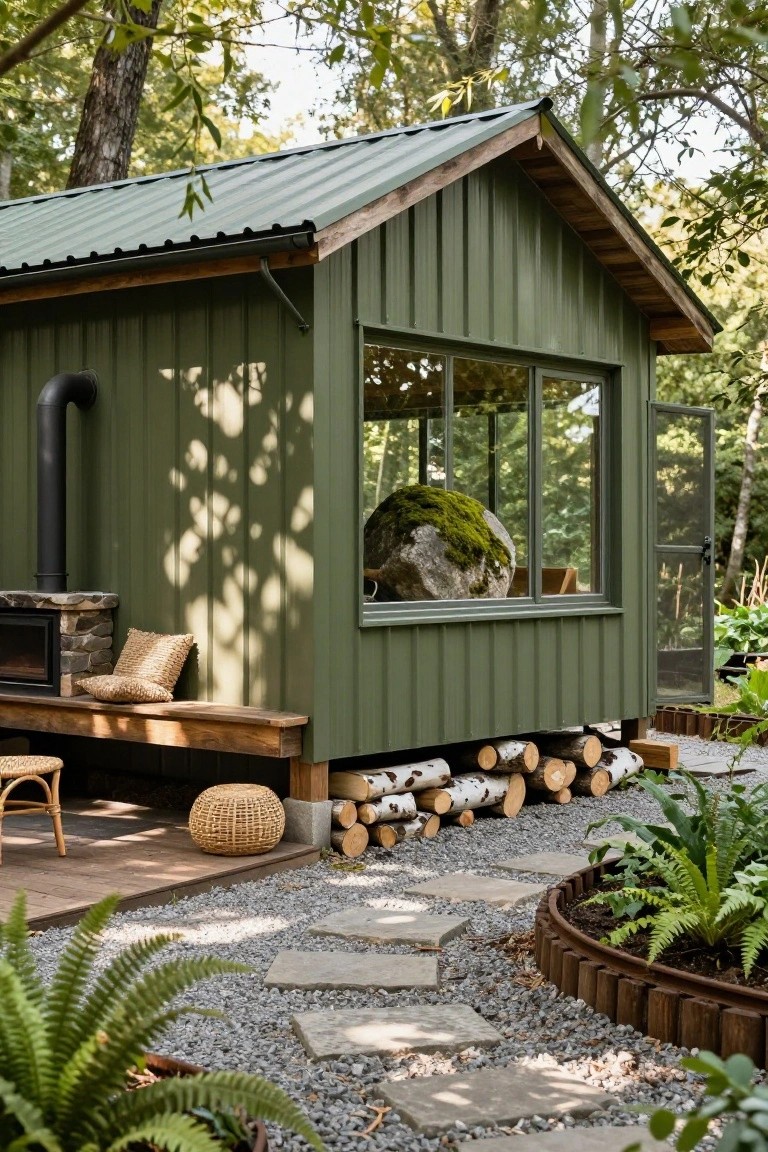Green vertical board-and-batten sided cabin with metal roof, large window revealing moss-covered boulder inside, stone chimney, wooden bench with cushions, firewood stack on piers, stone path, plants, and trees in forested setting.
