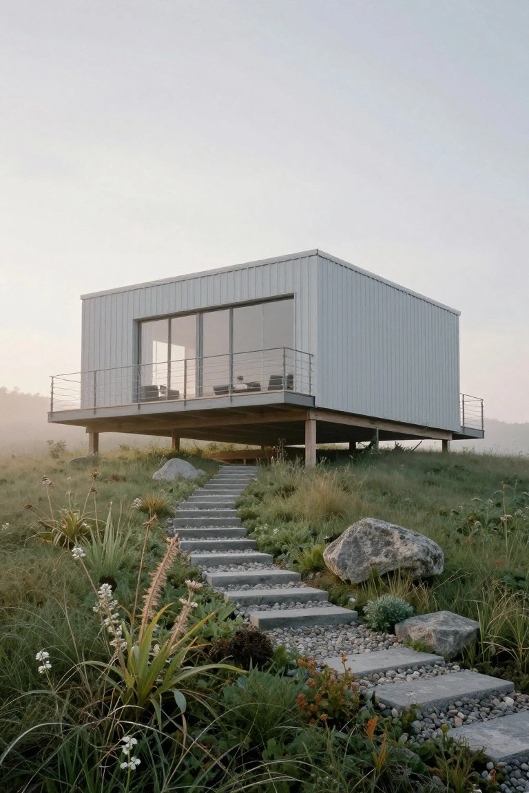 Gray corrugated metal cabin elevated on wooden pilings on a grassy hillside surrounded by rocks, plants, and a stone pathway leading to a glass-walled entrance and balcony.