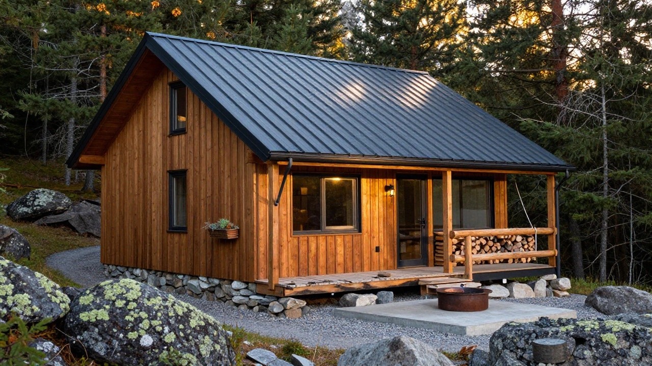 Small A-frame wooden cabin with dark corrugated metal roof and vertical wood cladding on stone base, front deck with fire pit, surrounded by pine trees, rocks, and gravel path in mountainous terrain at dusk.