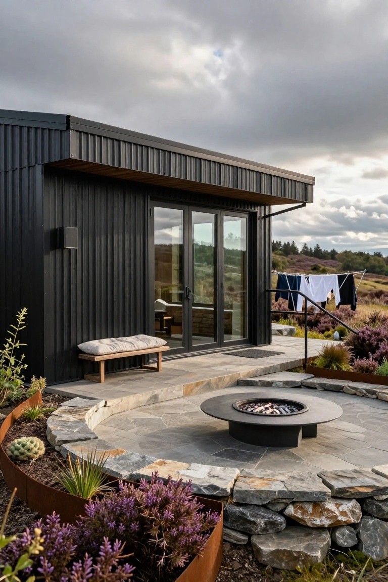 Black corrugated metal cabin with wooden overhang and glass sliding doors, adjacent to a curved gray stone patio with central round black fire pit, surrounded by metal-edged plant beds with succulents and heather, stone retaining walls, and distant hills with clothesline.