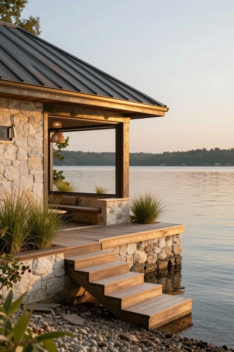 Exterior of a small boathouse with gray metal roof, light stone walls, wooden deck extending over a lake, built-in bench, steps to the water, ornamental grasses, and rocks along the shore.
